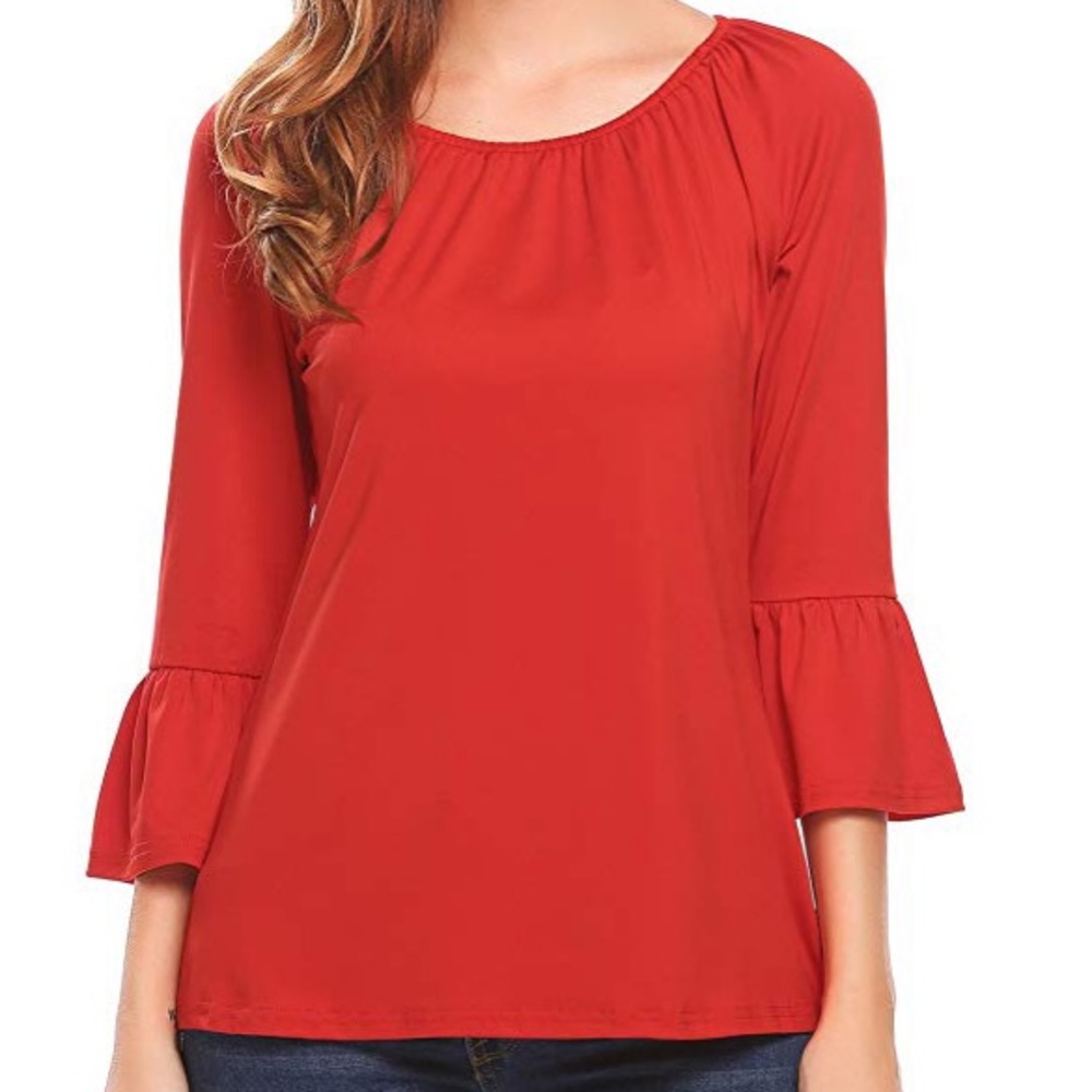 Red Casual Scoop Neck Blouse 3/4 Bell Sleeve Top
